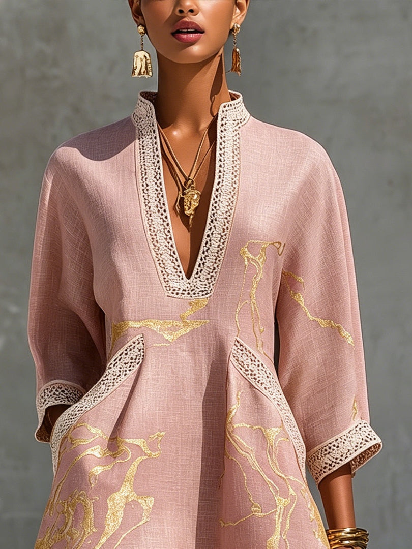 Drusilla | Women's Bohemian Mini Dress, V-Neck, Short Sleeves