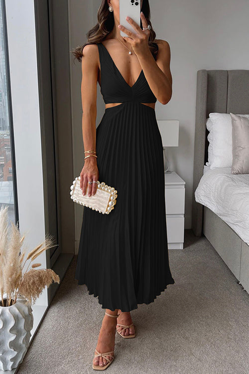 Calliope | Women's Pleated Maxi Dress, V-Neck, Short Sleeves
