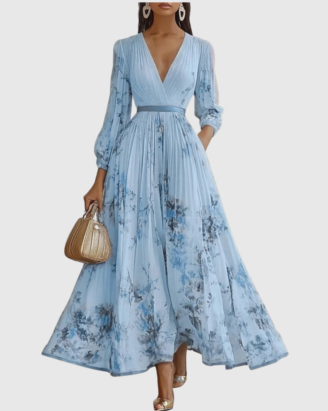 Demelza | Women's Floral Pleated Maxi Dress, V-Neck, Long Sleeves