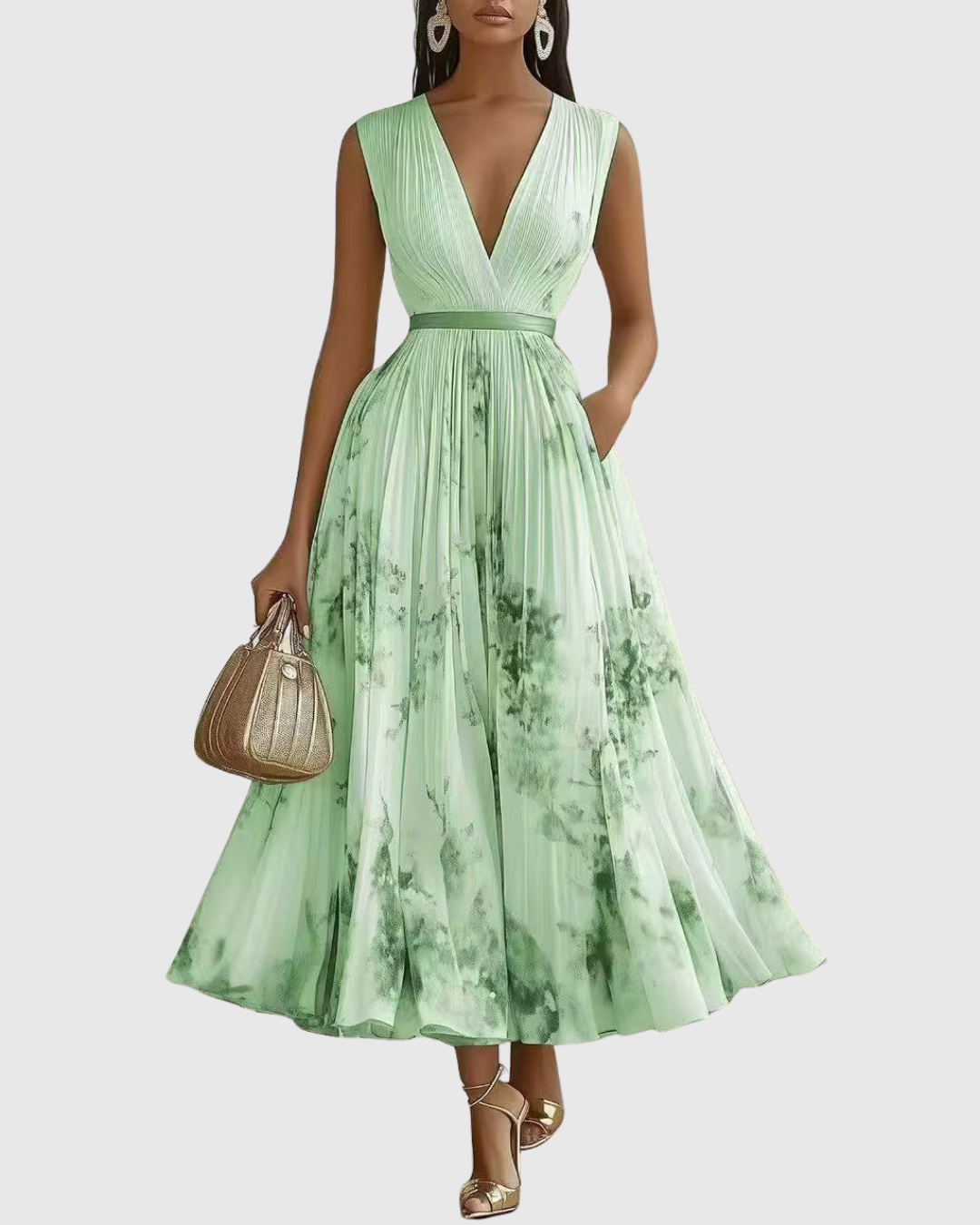 Demelza | Women's Floral Pleated Maxi Dress, V-Neck, Long Sleeves