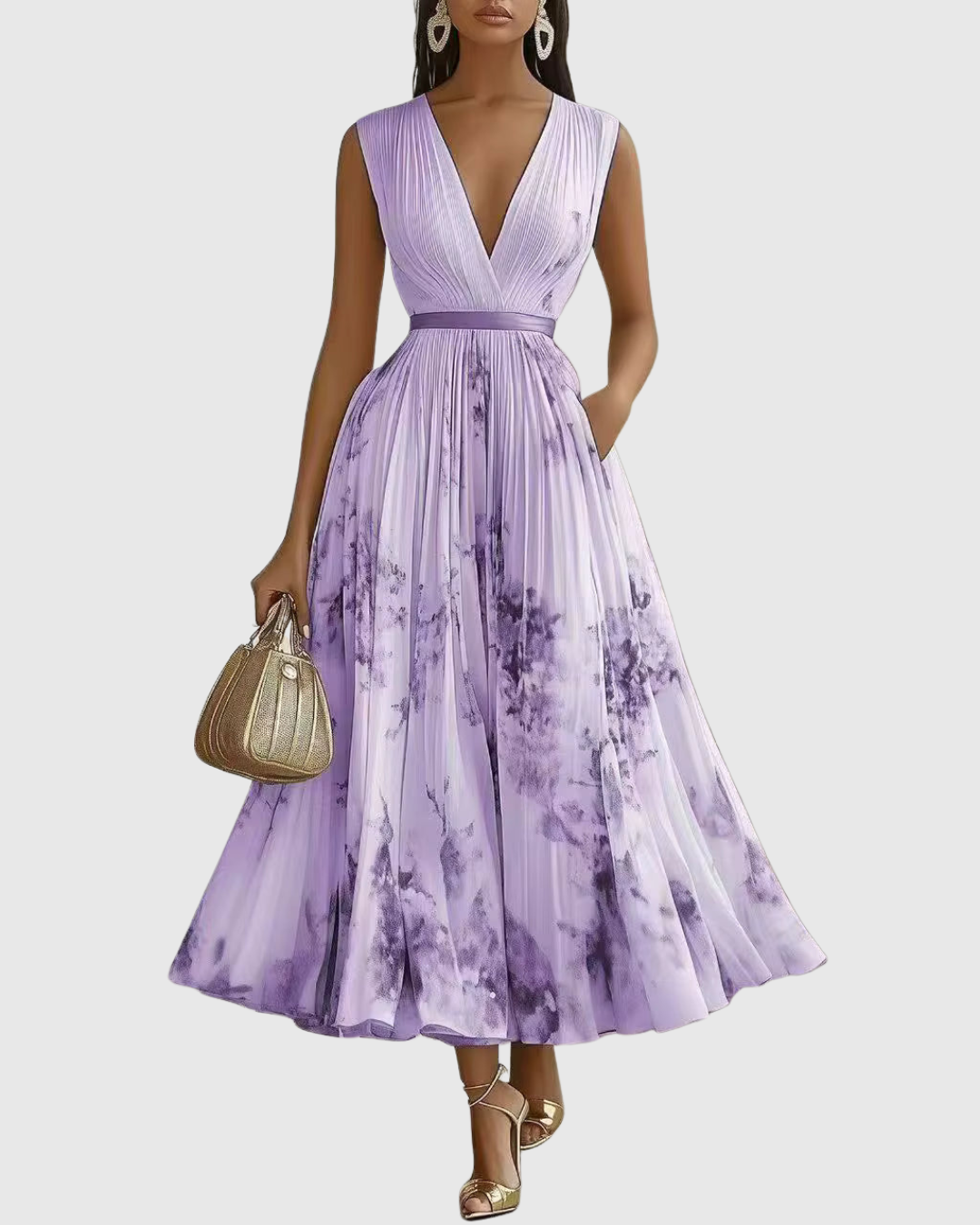 Demelza | Women's Floral Pleated Maxi Dress, V-Neck, Long Sleeves