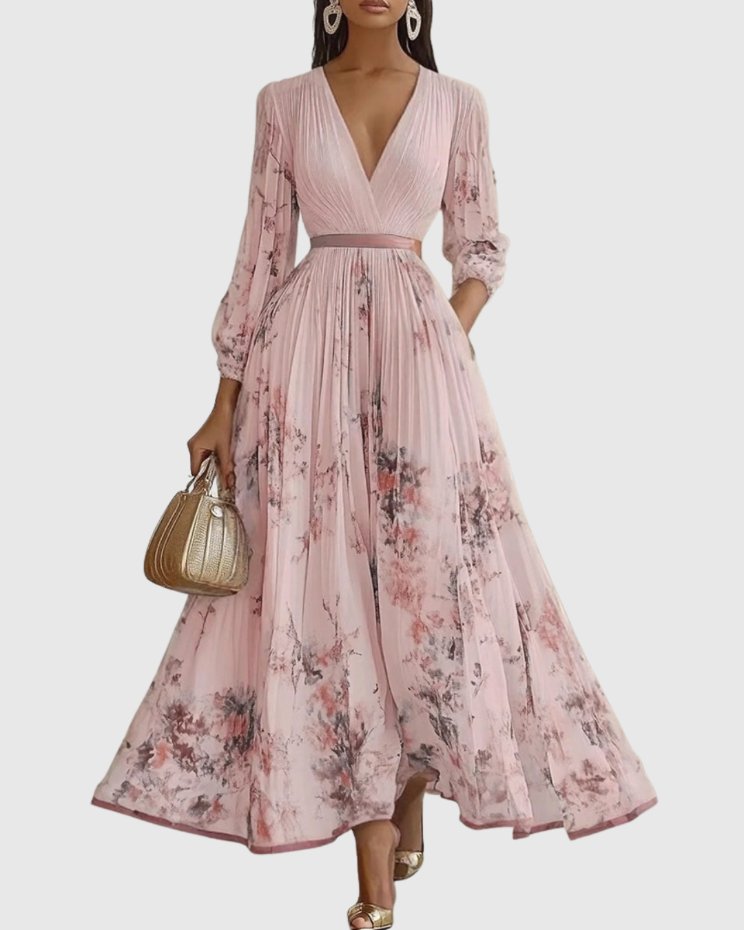 Demelza | Women's Floral Pleated Maxi Dress, V-Neck, Long Sleeves