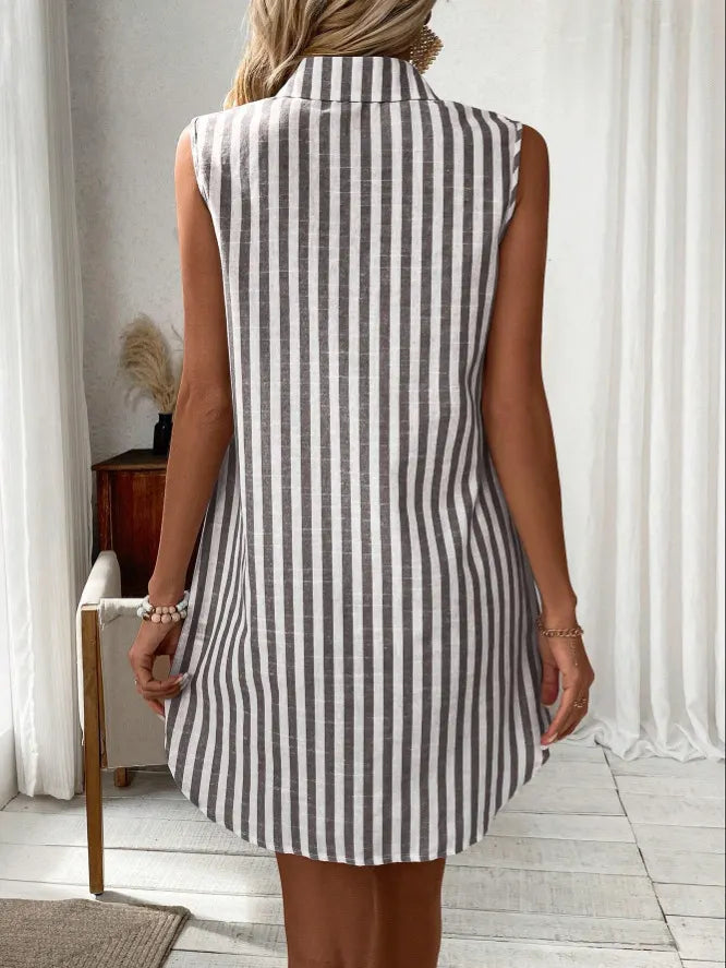 Marcella | Women's Striped Shirt Midi Dress, Collared, Short Sleeves