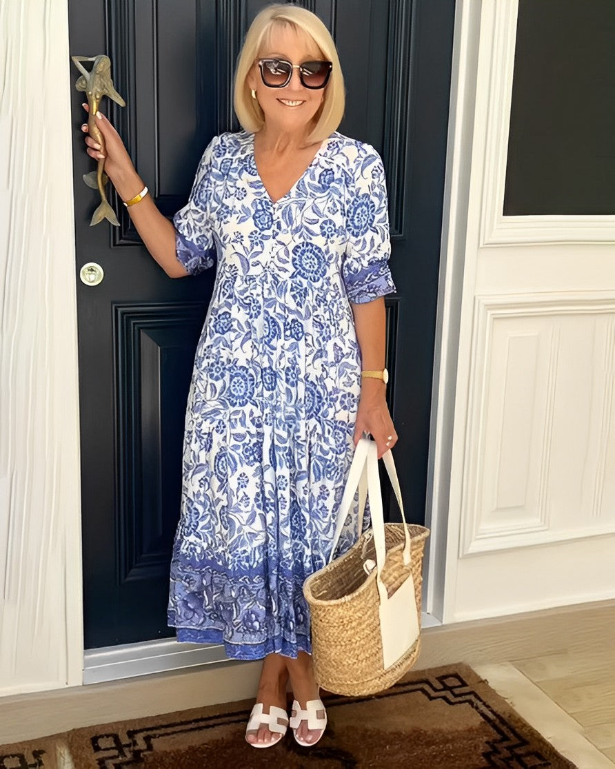 Women's floral V-neck midi dress with short sleeves