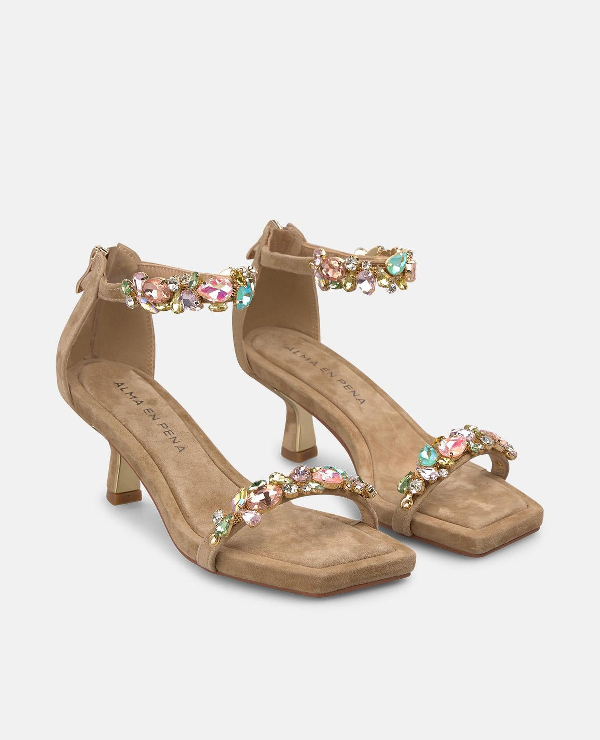 Women's tan embellished open toe sandals with ankle straps and mid heels
