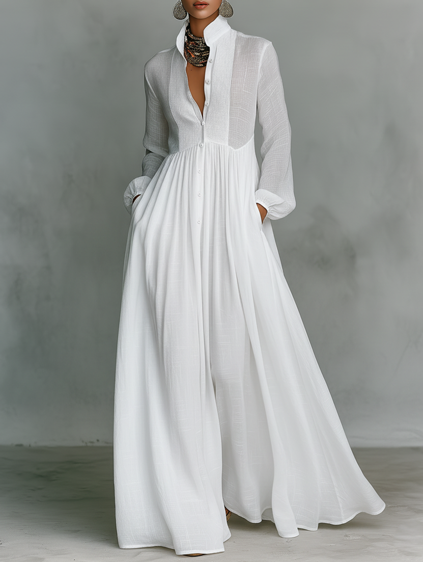 Saffron | Women's Shirt Maxi Dress, Round Neck, Short Sleeves