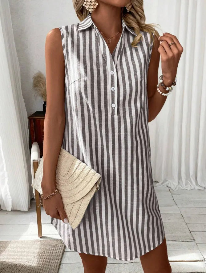 Marcella | Women's Striped Shirt Midi Dress, Collared, Short Sleeves