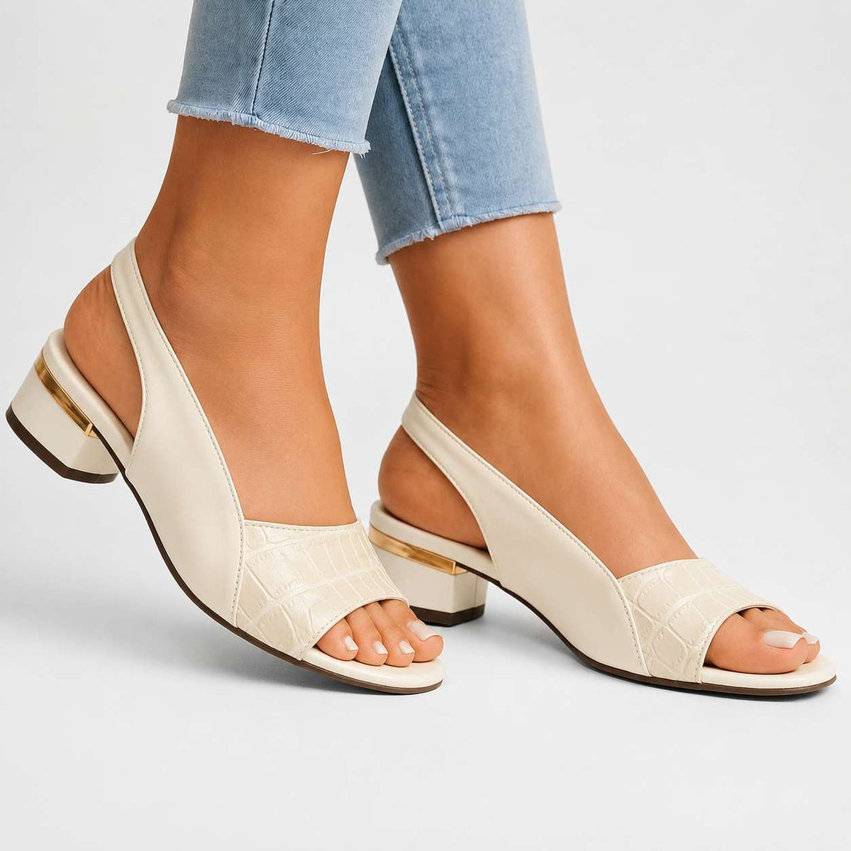 Women's open-toe slingback sandals with crocodile-effect front trim