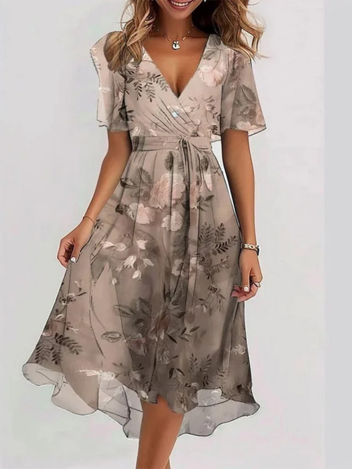 Lysandra | Women's Bohemian Relaxed Midi Dress, Round Neck, Short Sleeves