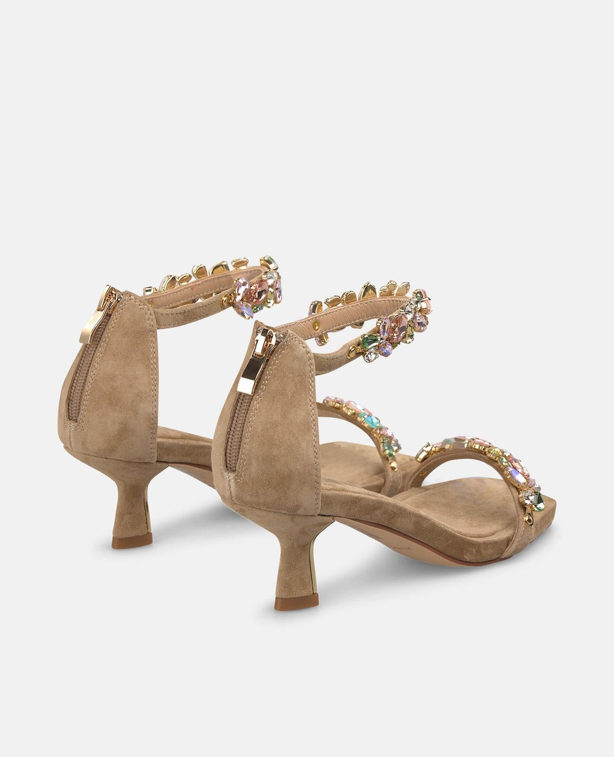 Women's tan embellished open toe sandals with ankle straps and mid heels