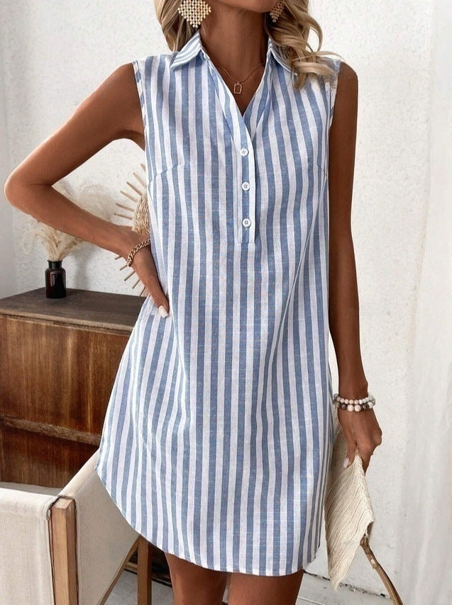 Marcella | Women's Striped Shirt Midi Dress, Collared, Short Sleeves