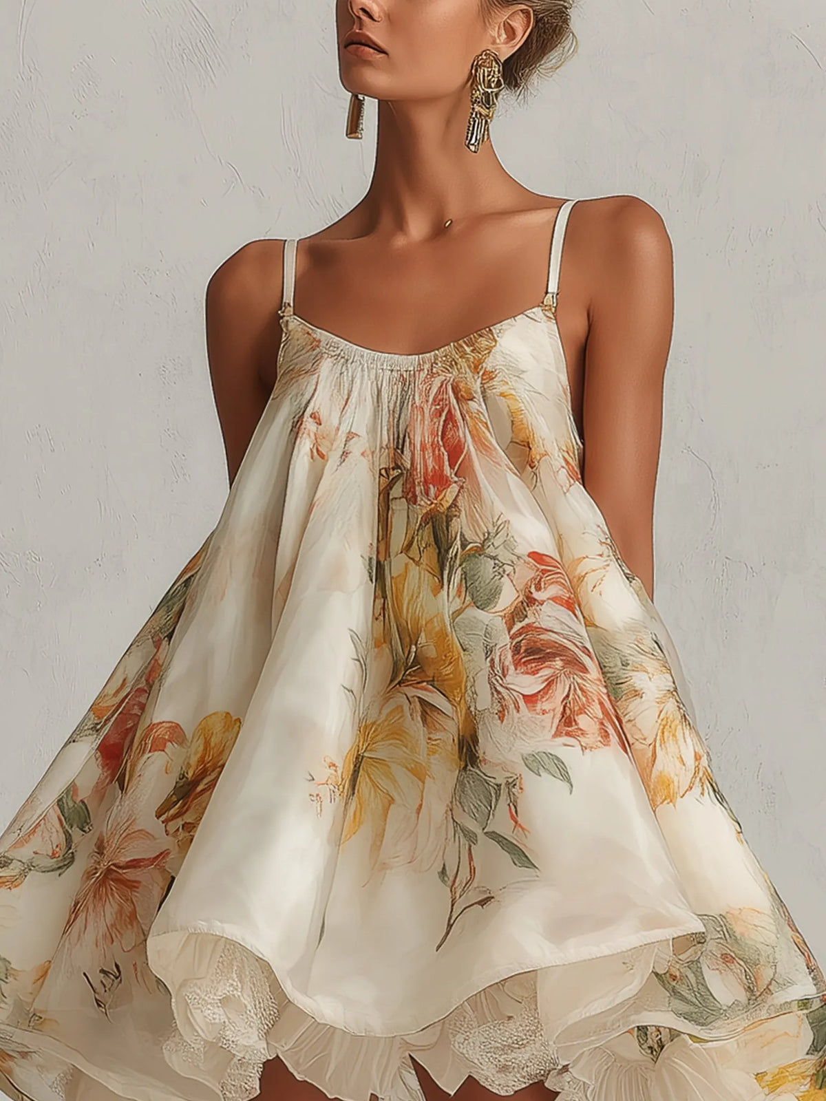 Morwenna | Women's Floral A-Line Mini Dress, Round Neck, Short Sleeves