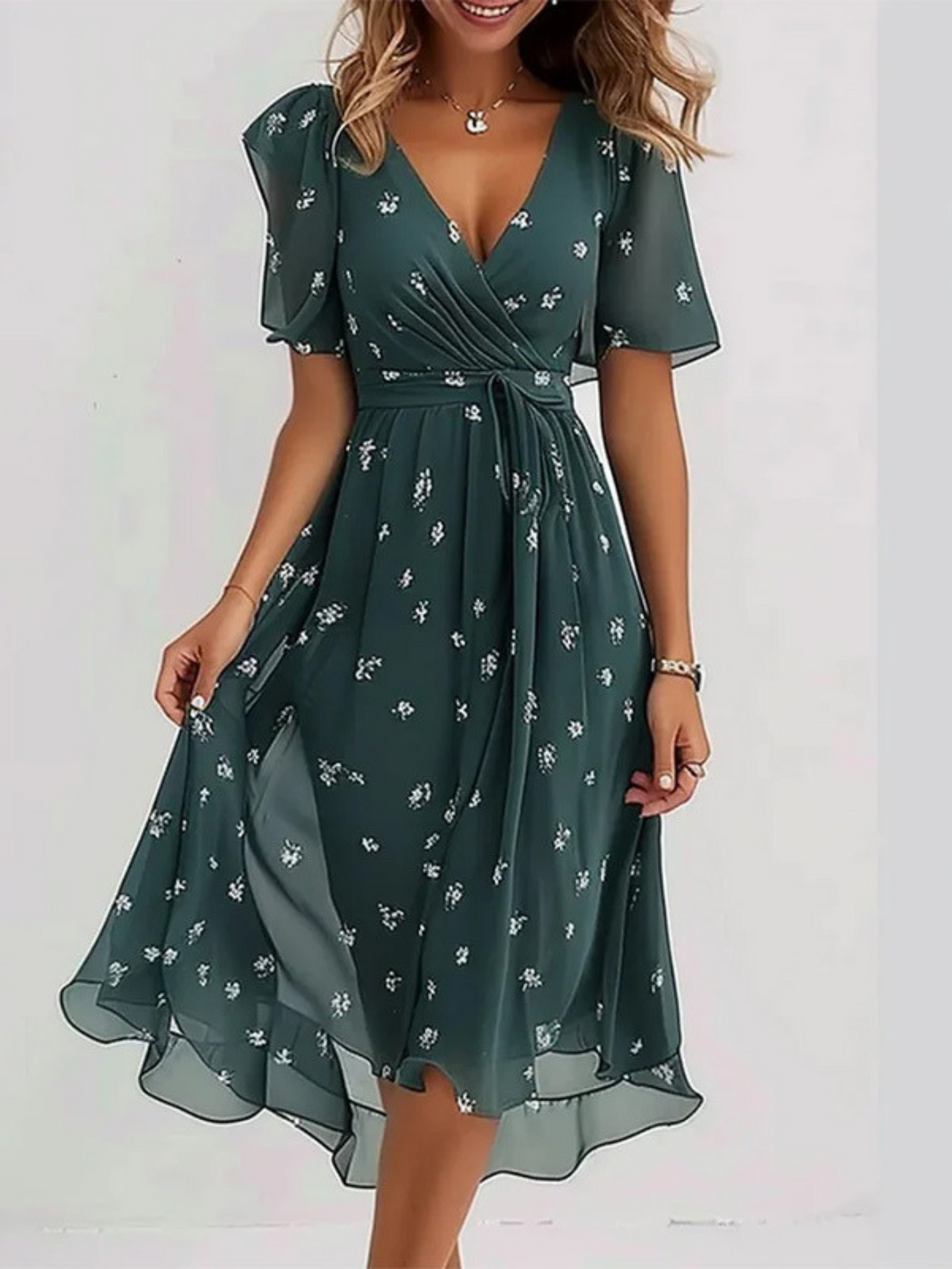 Lysandra | Women's Bohemian Relaxed Midi Dress, Round Neck, Short Sleeves