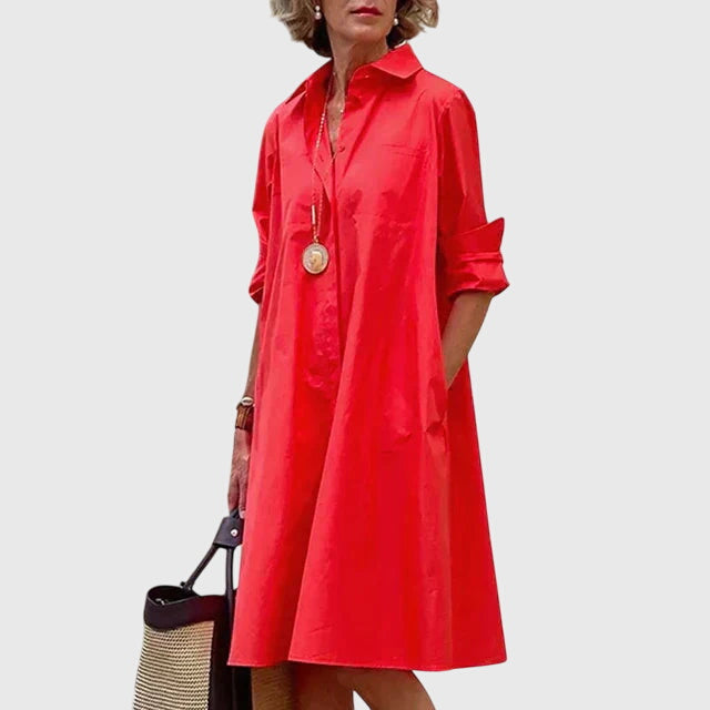 Isolde | Women's Relaxed Midi Dress, Round Neck, Short Sleeves, Pockets