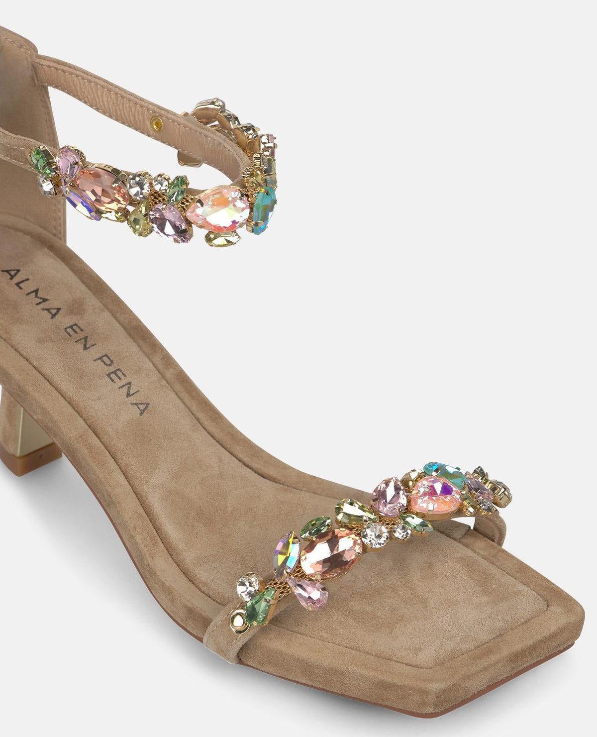 Women's tan embellished open toe sandals with ankle straps and mid heels