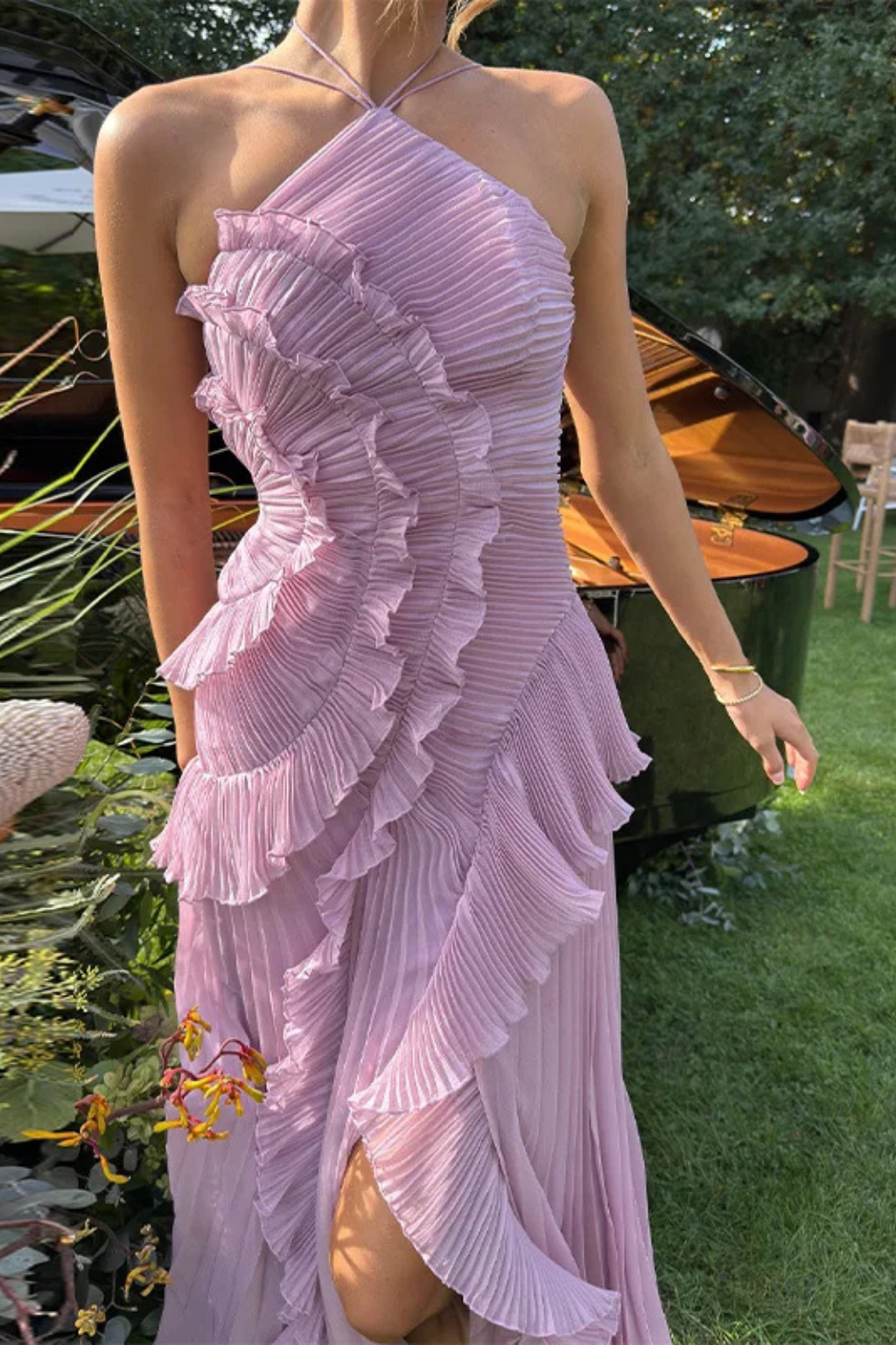 Women's pleated ruffle halter maxi dress with asymmetric hem