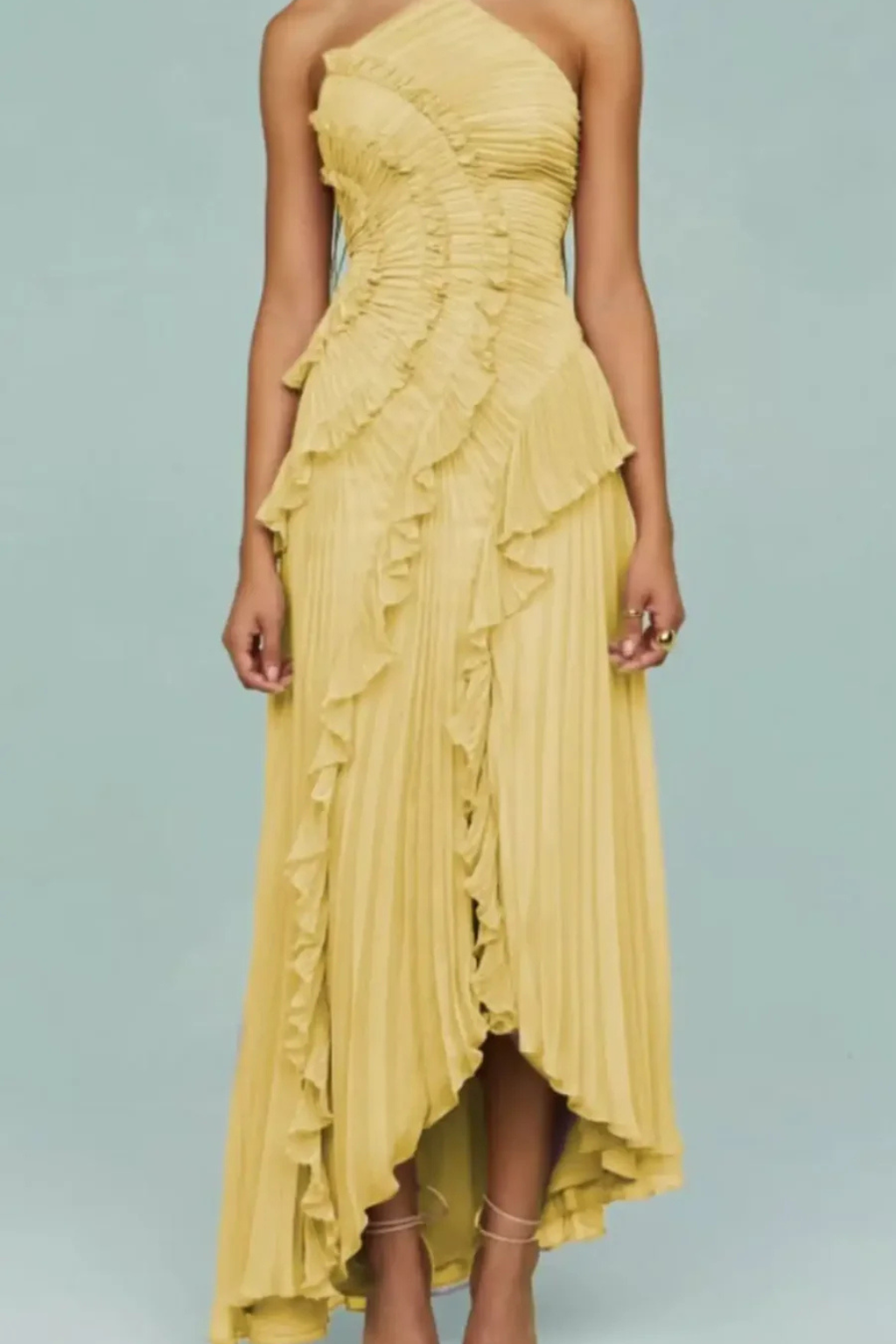 Women's pleated ruffle halter maxi dress with asymmetric hem