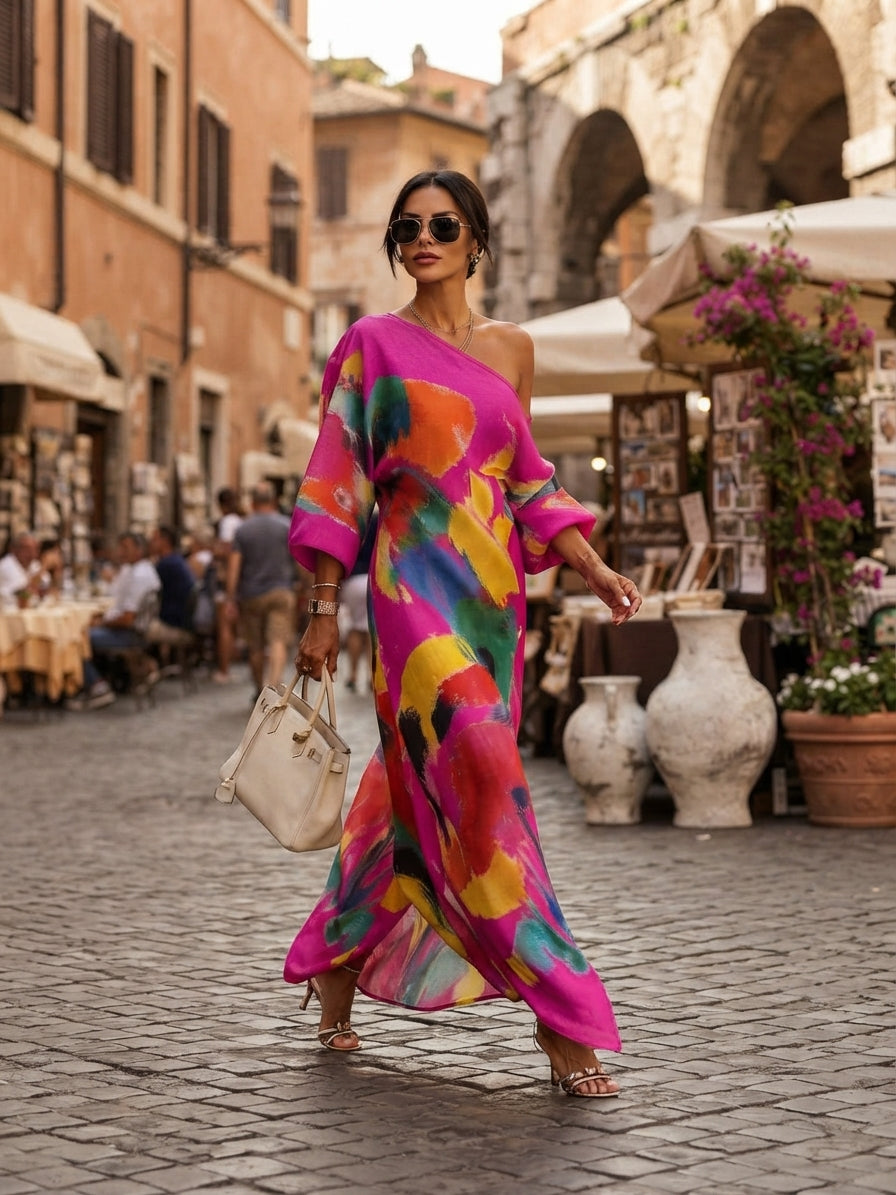 Norah | Women's Printed Maxi Dress, Off-Shoulder, Short Sleeves