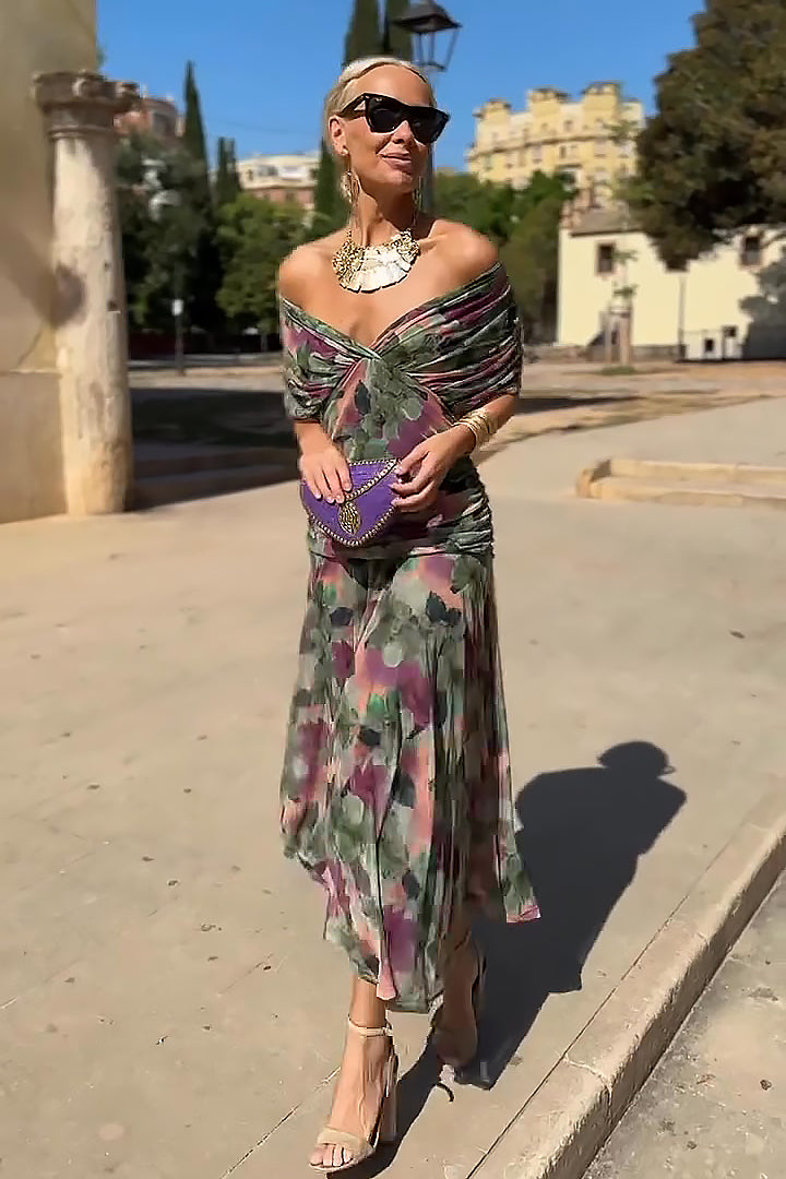 Flavia | Women's Floral Maxi Dress, V-Neck, Short Sleeves