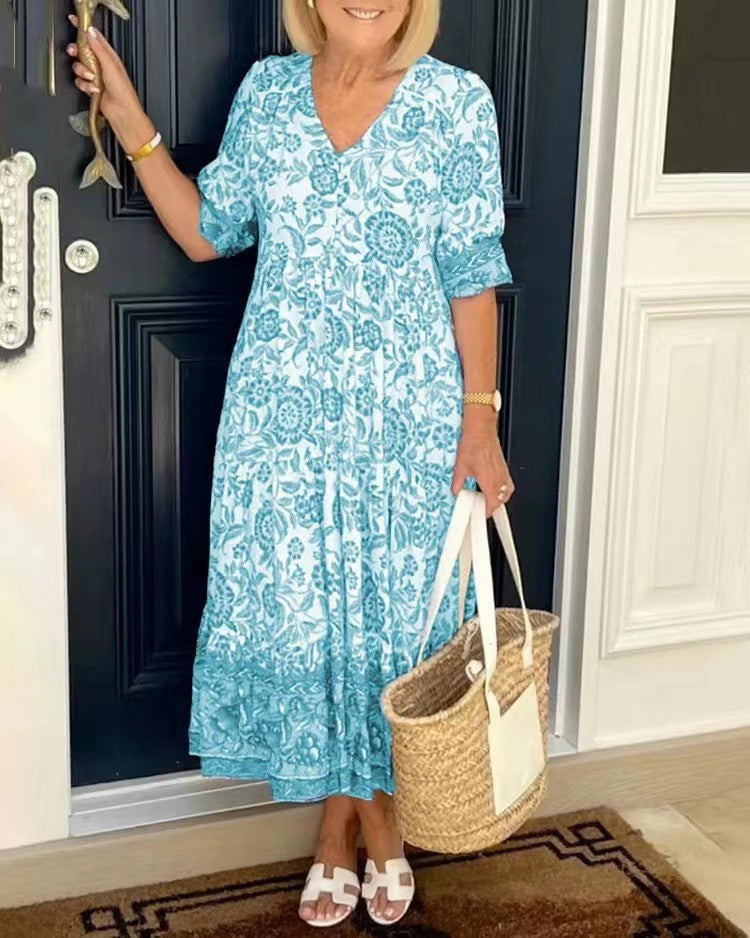 Women's floral V-neck midi dress with half sleeves