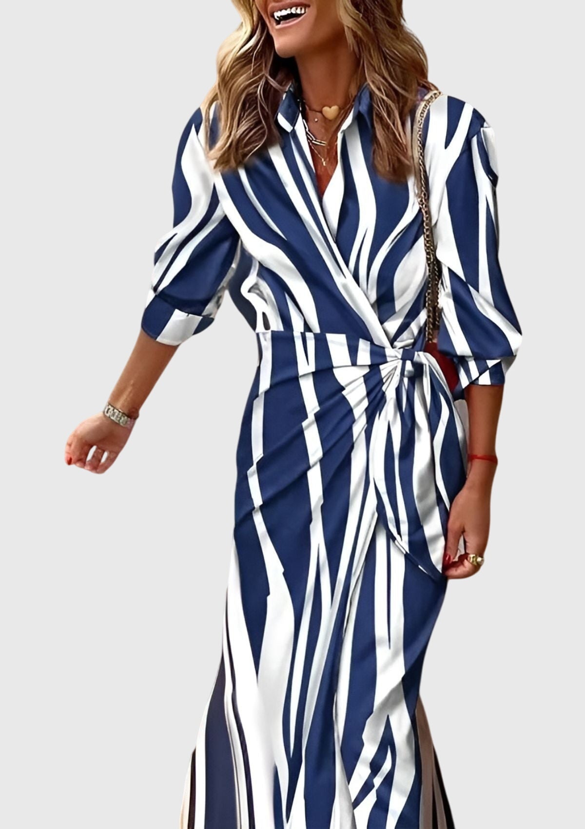 Hedwig | Women's Printed Wrap Midi Dress, Collared, Short Sleeves