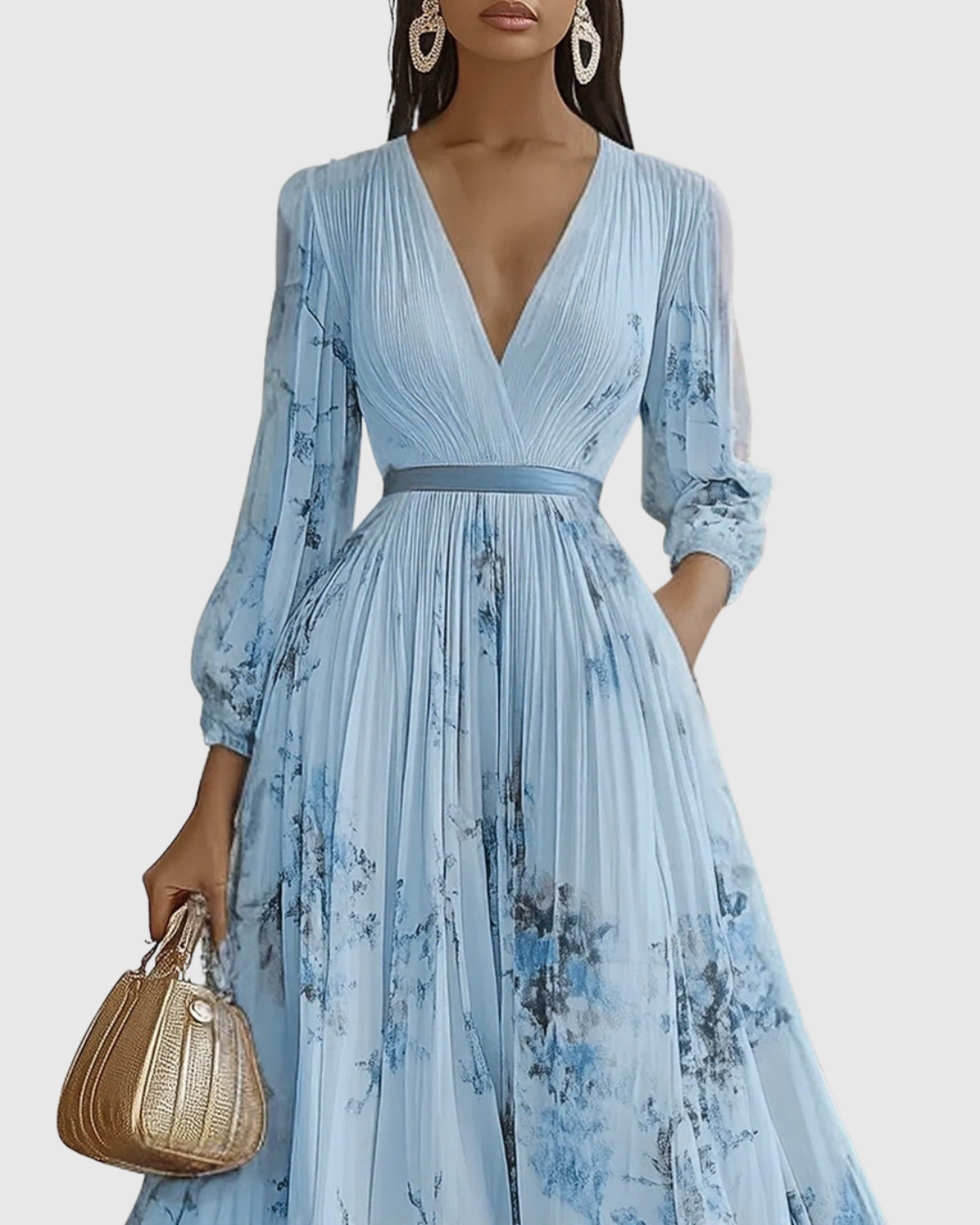 Demelza | Women's Floral Pleated Maxi Dress, V-Neck, Long Sleeves