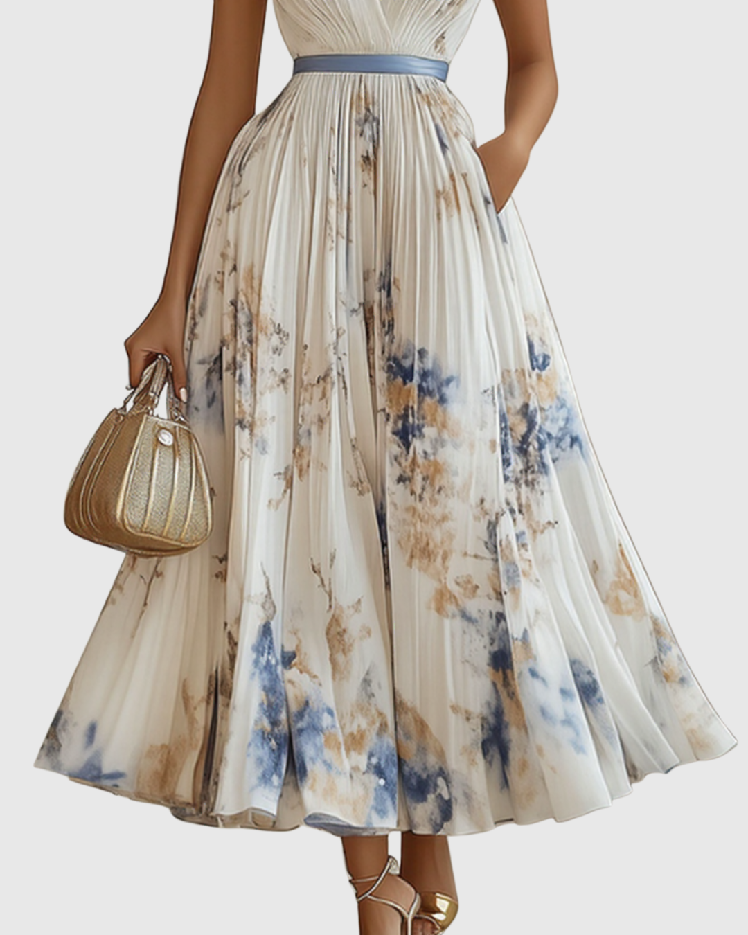 Demelza | Women's Floral Pleated Maxi Dress, V-Neck, Long Sleeves