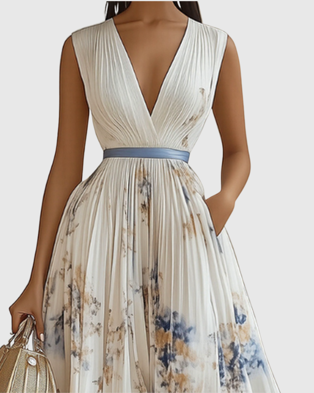 Demelza | Women's Floral Pleated Maxi Dress, V-Neck, Long Sleeves