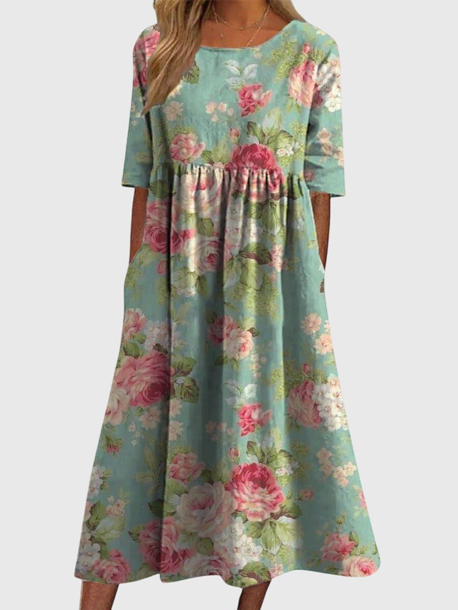 Gisela | Women's Embroidered Relaxed Midi Dress, Round Neck, Short Sleeves