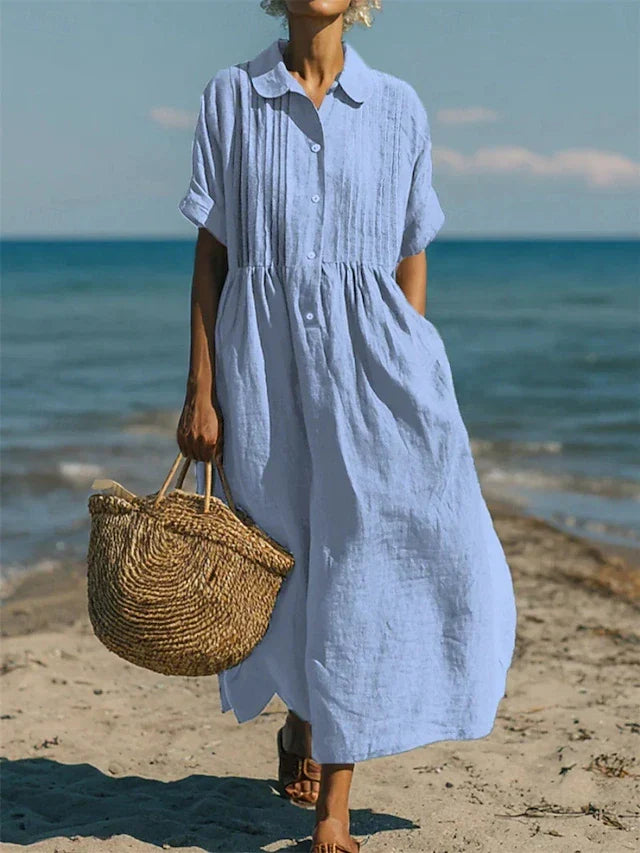 Katriona | Women's Shirt Midi Dress, Collared, Short Sleeves