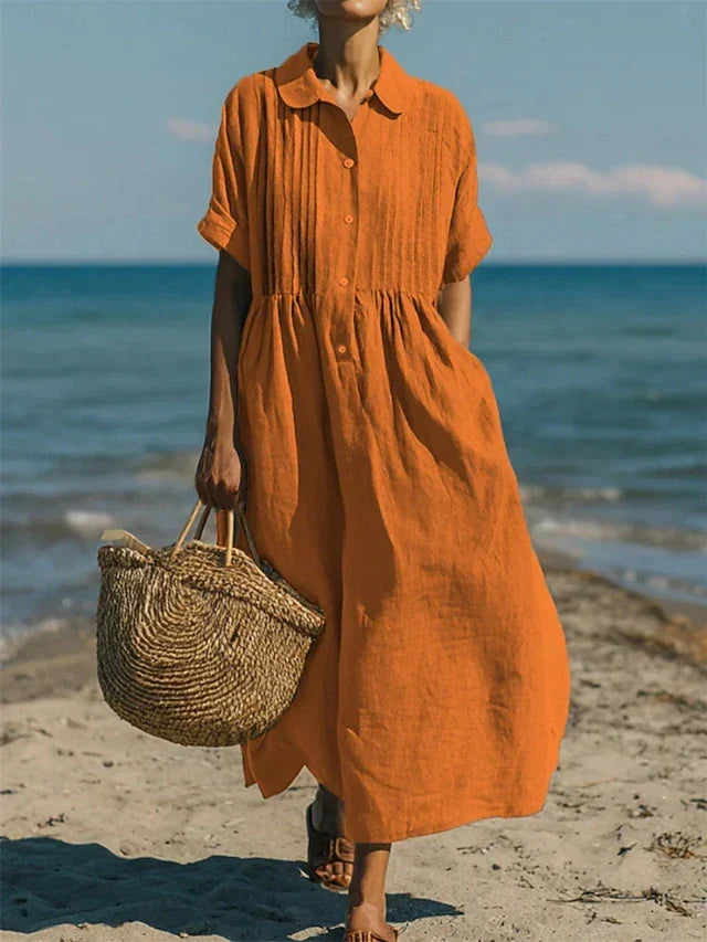 Katriona | Women's Shirt Midi Dress, Collared, Short Sleeves