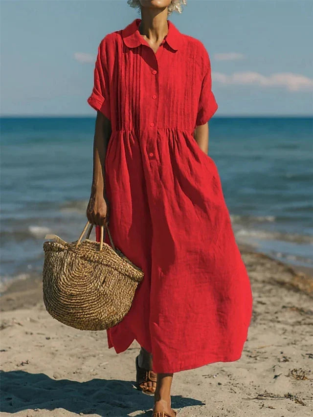 Katriona | Women's Shirt Midi Dress, Collared, Short Sleeves