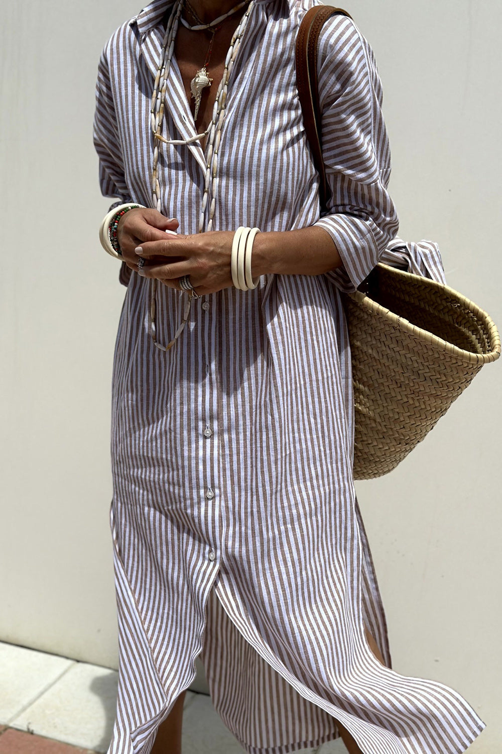 Florence | Women's Striped Shirt Midi Dress, Collared, Short Sleeves