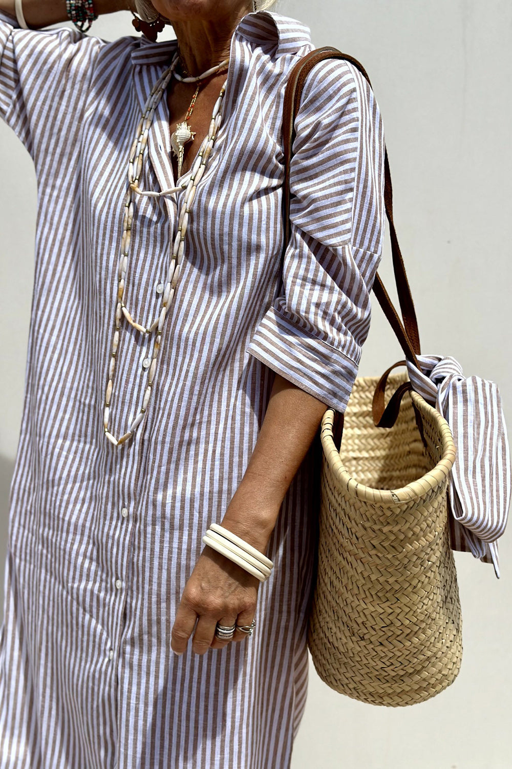 Florence | Women's Striped Shirt Midi Dress, Collared, Short Sleeves