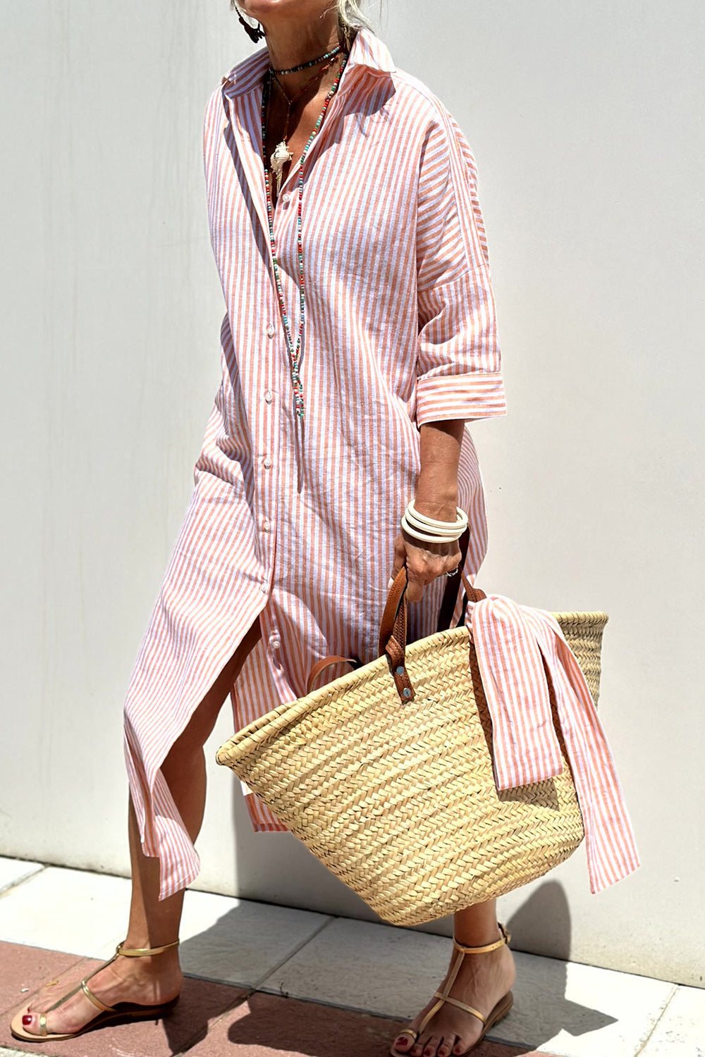 Florence | Women's Striped Shirt Midi Dress, Collared, Short Sleeves