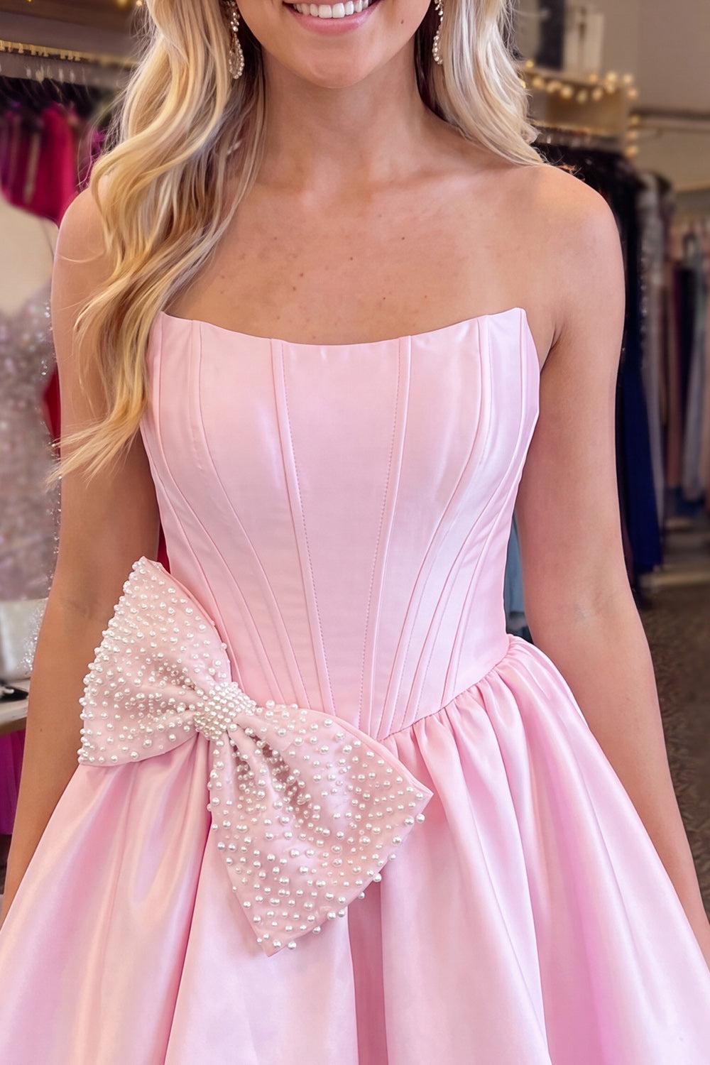 Philippa | Women's Pink Beaded Strapless A Line Short Corset Homecoming Dress with Bow