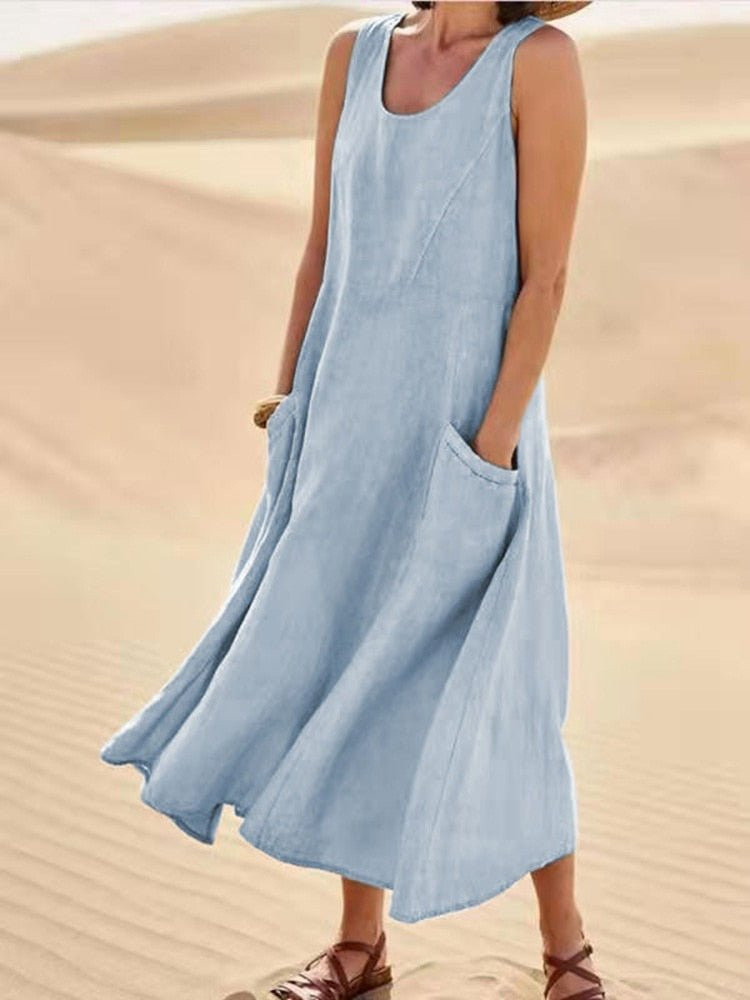 Bellamy | Women's Midi Dress, Scoop Neck, Sleeveless, Pockets