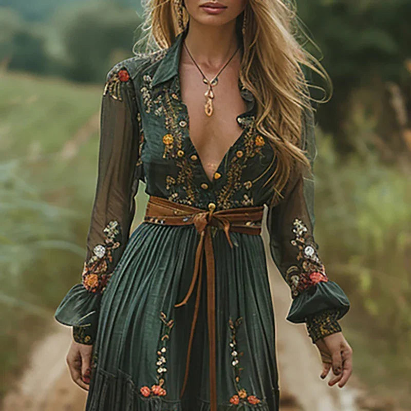 Esme | Women's Floral Maxi Dress, V-Neck, Short Sleeves