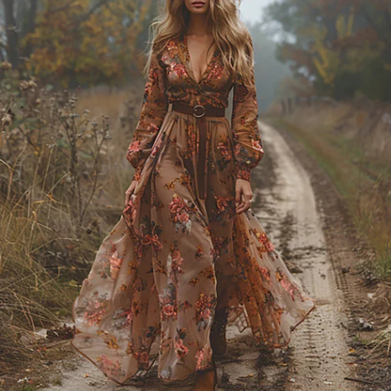 Esme | Women's Floral Maxi Dress, V-Neck, Short Sleeves