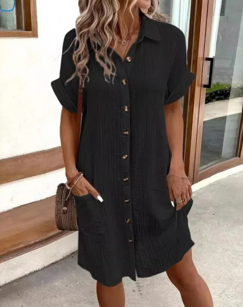 Corinne | Women's Shirt Midi Dress, Collared, Short Sleeves