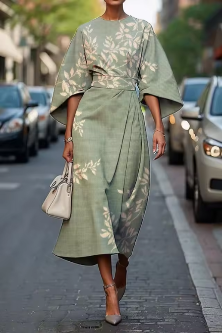 Damaris | Women's Floral Midi Dress, Round Neck, Short Sleeves