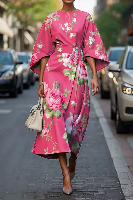 Damaris | Women's Floral Midi Dress, Round Neck, Short Sleeves