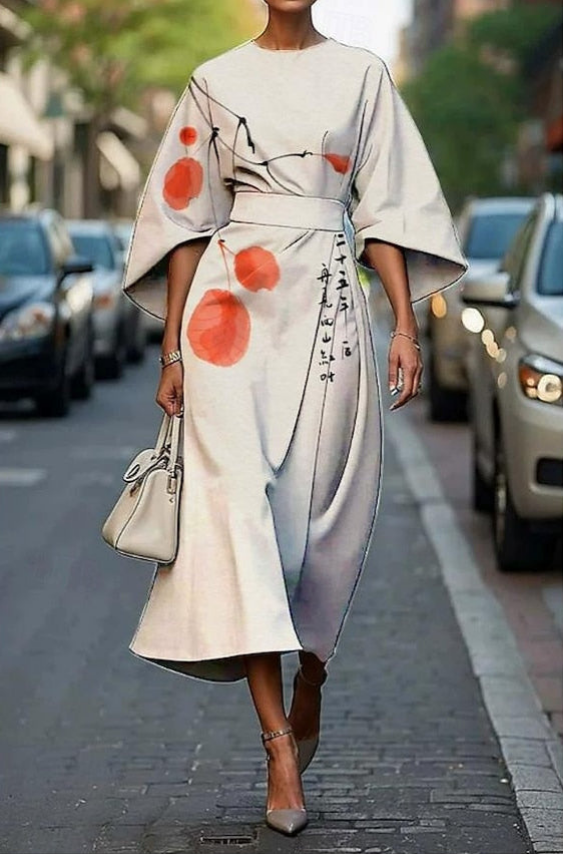 Oriel | Women's Floral Midi Dress, Round Neck, Kimono Sleeves