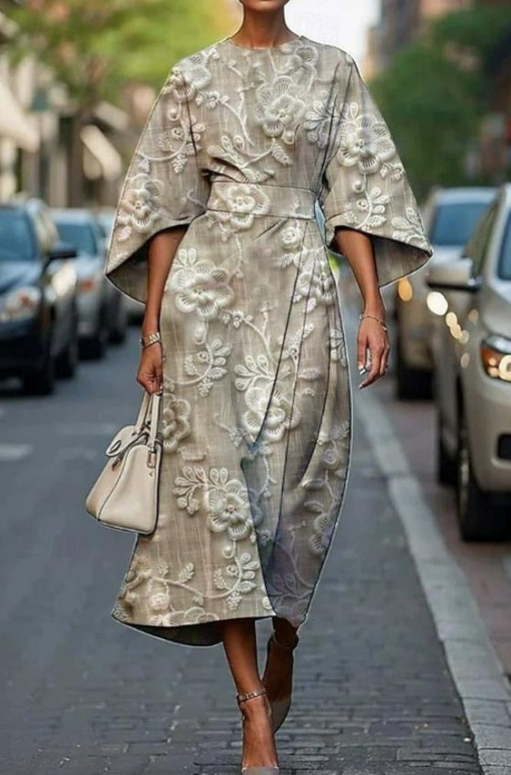 Oriel | Women's Floral Midi Dress, Round Neck, Kimono Sleeves