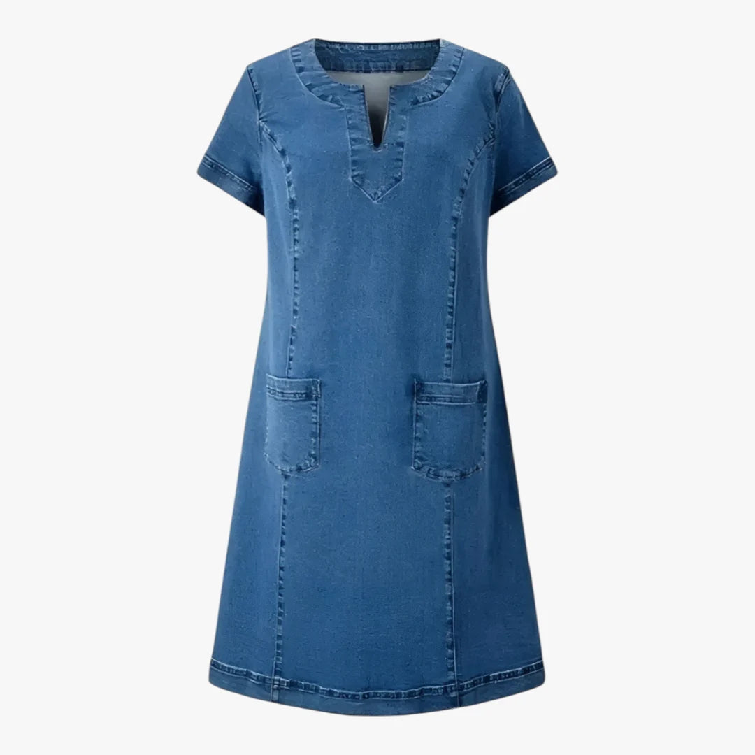 Women's blue short sleeve denim-style midi dress with patch pockets