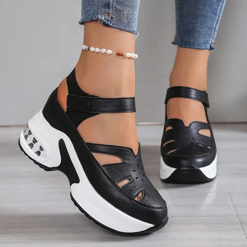 Women's platform sandals with ankle straps and cutout toe detailing