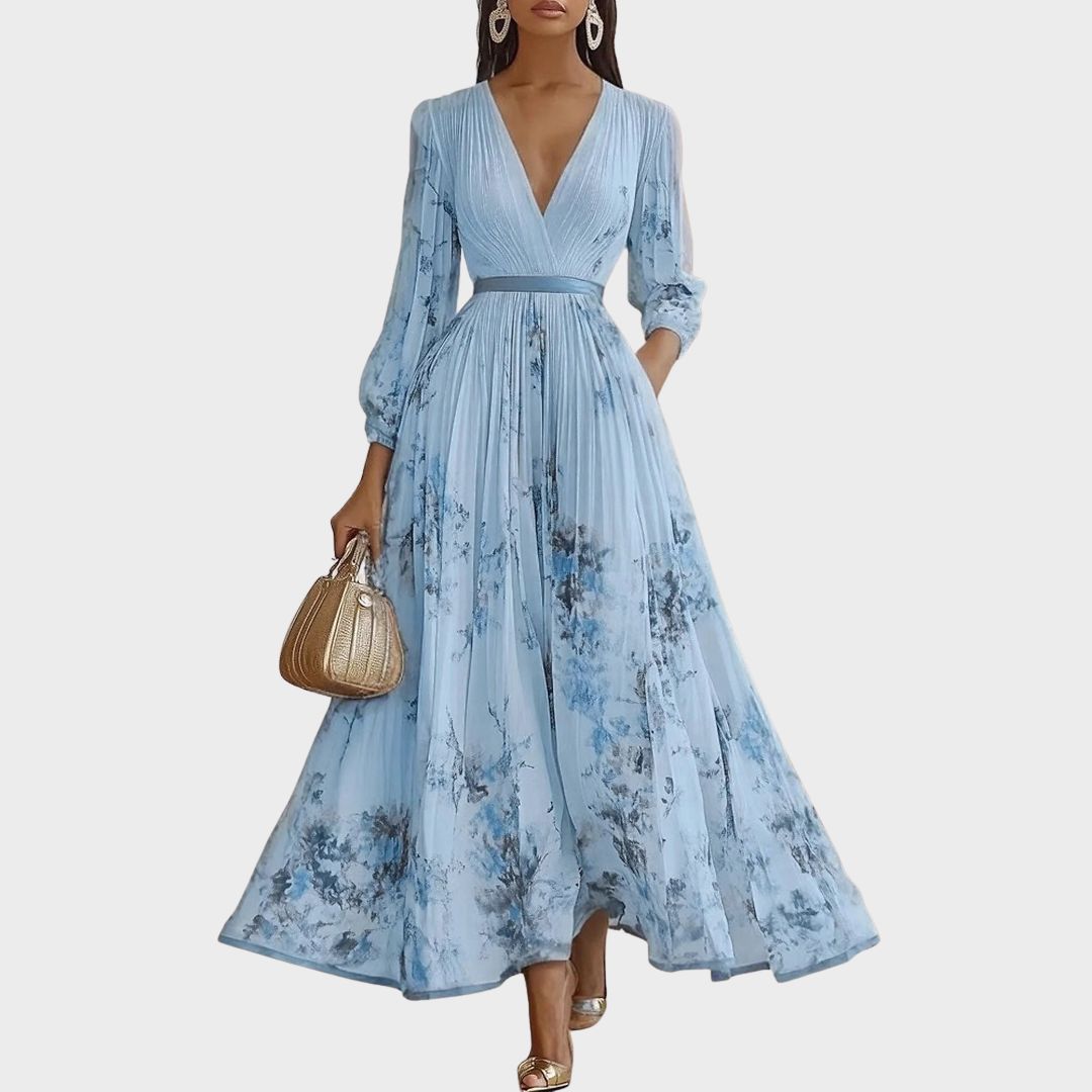 Demelza | Women's Floral Pleated Maxi Dress, V-Neck, Long Sleeves