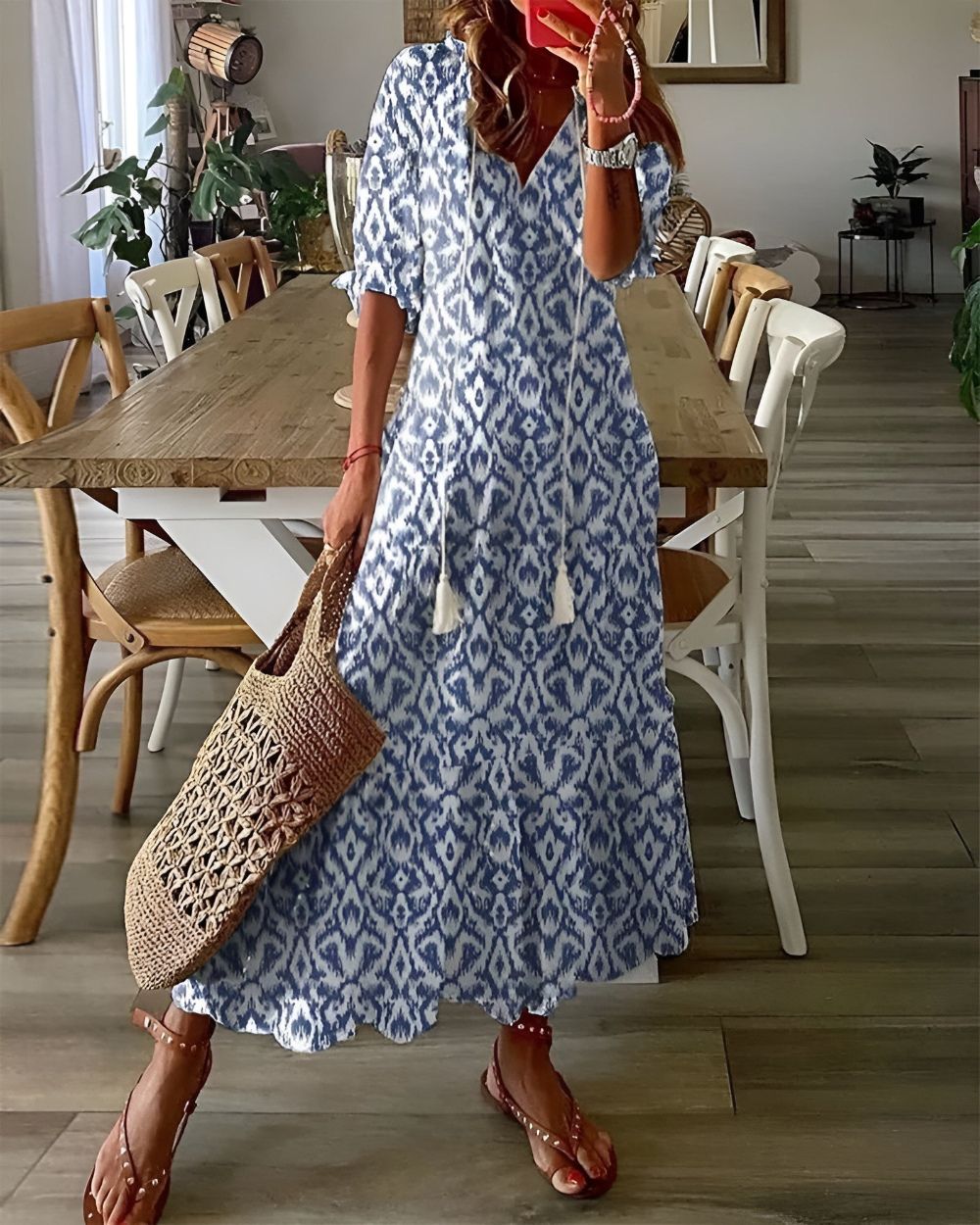 Ingrid | Women's Ikat Maxi Dress, Round Neck, Short Sleeves