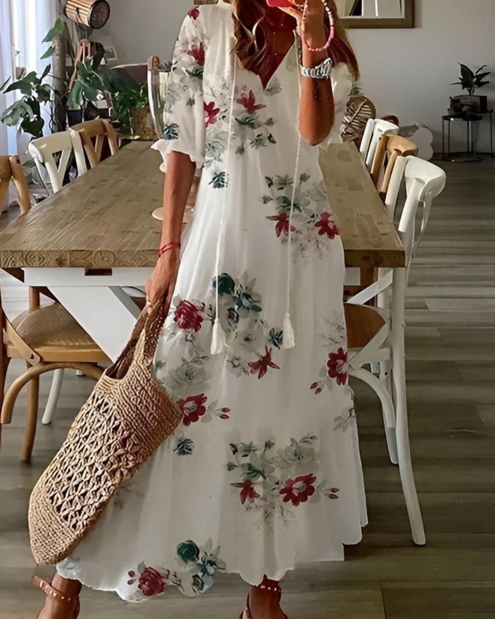 Ingrid | Women's Ikat Maxi Dress, Round Neck, Short Sleeves