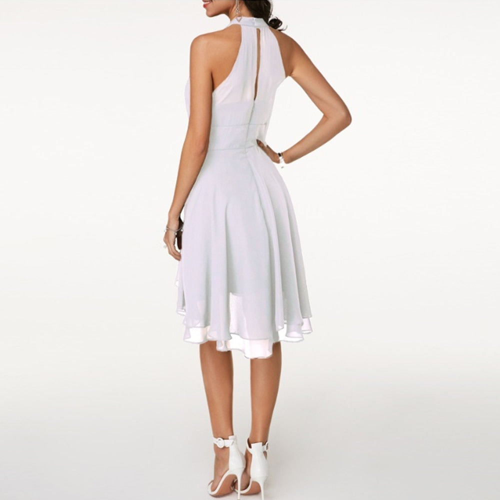 Magdalen | Women's A-Line Midi Dress, Halter Neck, Short Sleeves